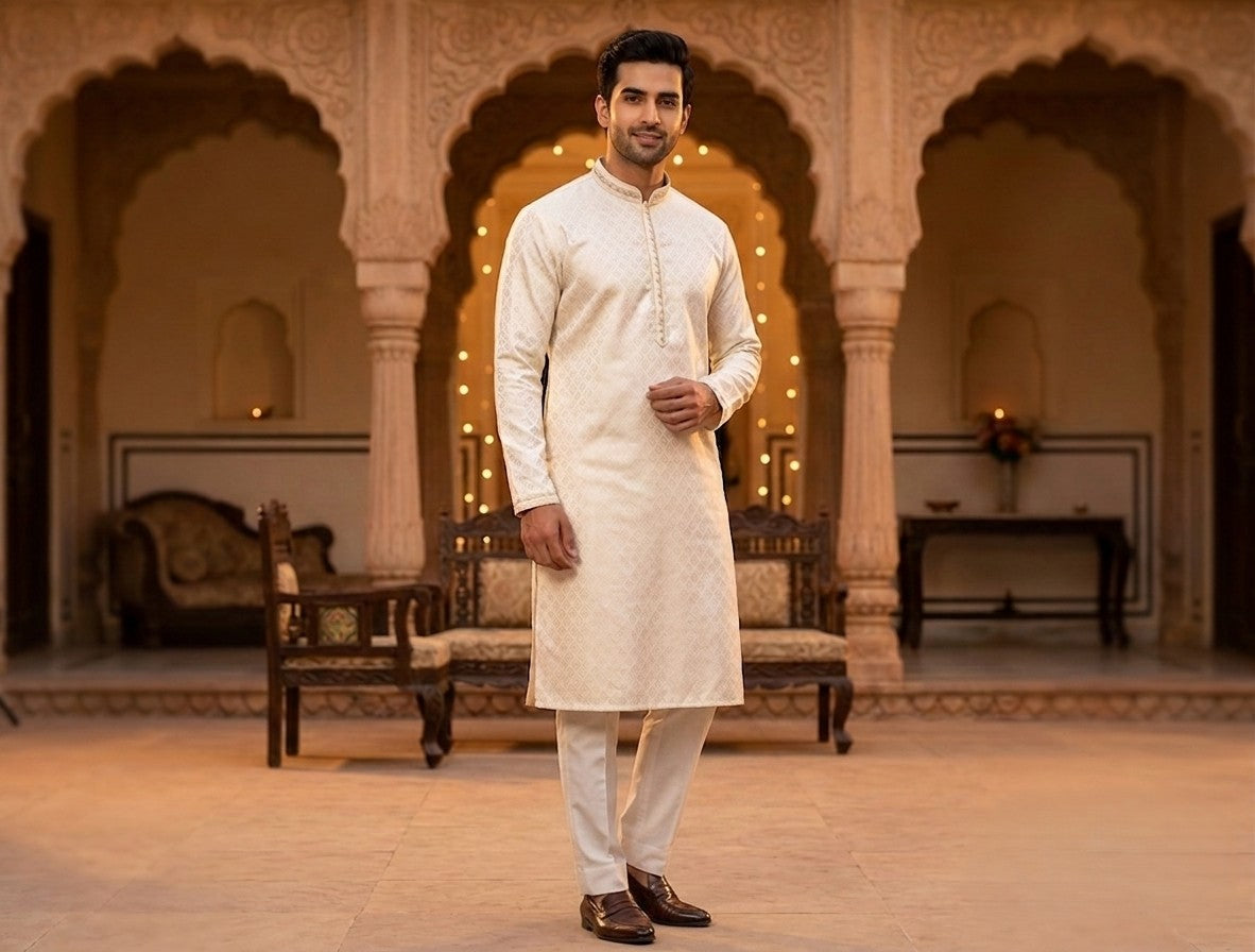 Beige Jacquard Silk Men's Kurta Pant Set with Embroidered I Pashchim Canada