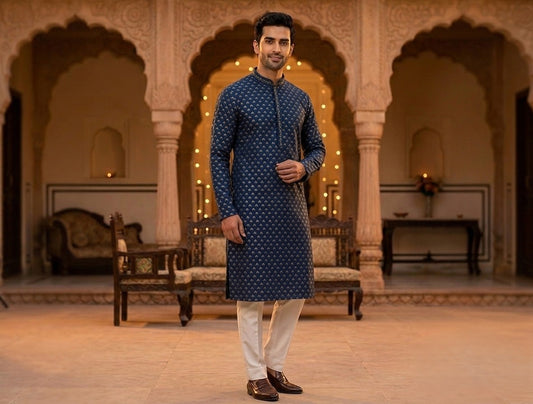 Navy Blue Jacquard Silk Men's Kurta Pajama (Pant) Set I Pashchim US Canada