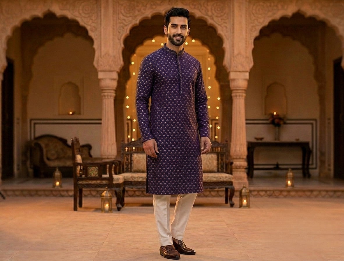 Royal Purple Jacquard Silk Men's Kurta Pajama (Pant) Set I Pashchim US Canada
