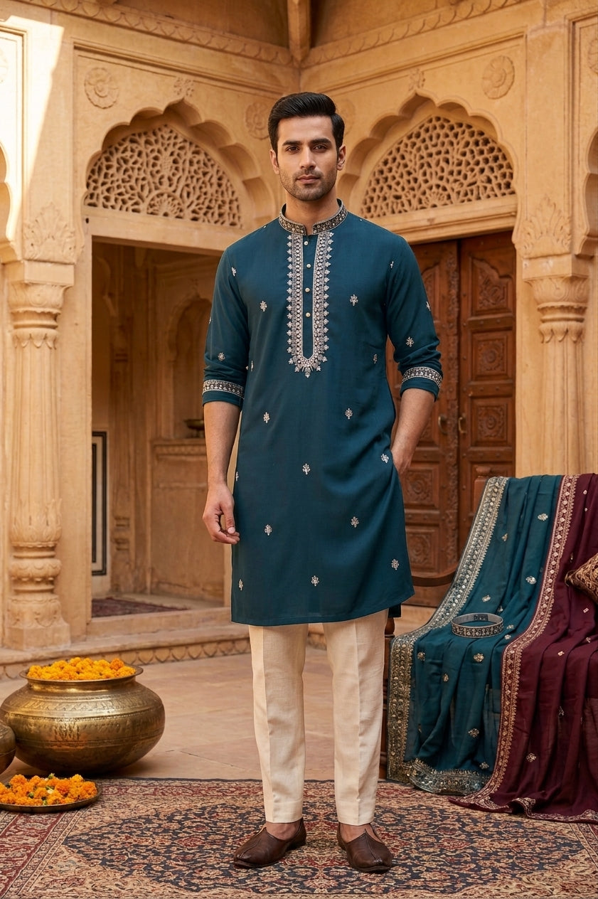 Teal Blue Embroidered Men's Kurta Pajama (Pant) Set I Canada US Pashchim