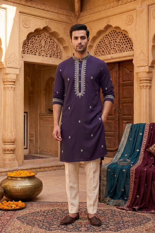 Dark Purple Embroidered Men's Kurta Pajama (Pant) Set I US Canada Pashchim