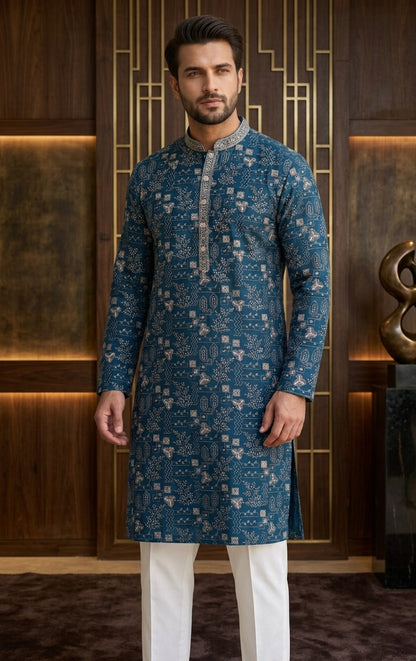 Teal Blue Kantha Work Printed Men's Kurta Pajama (Pant) Set I Pashchim US Canada