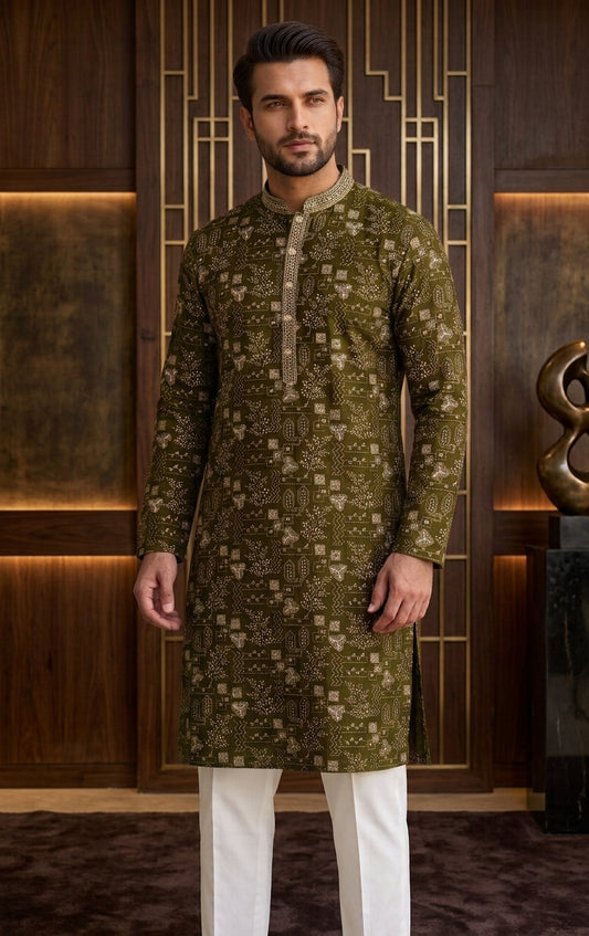 Olive Green Kantha Print Men's Kurta Pajama (Pant) Set I Pashchim US Canada