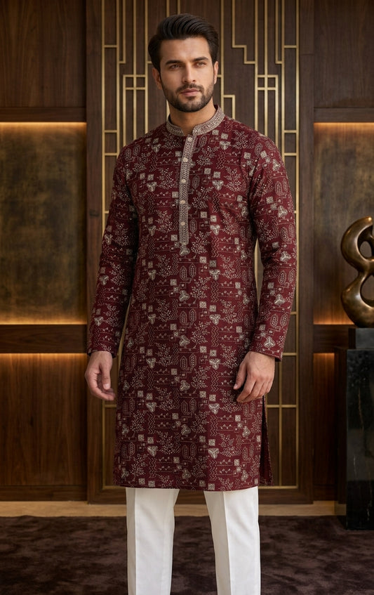 Maroon Kantha Stitch Print Men's Kurta Pajama (Pant) Set I Pashchim US Canada