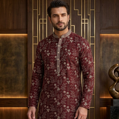 Maroon Kantha Stitch Print Men's Kurta Pajama (Pant) Set I Pashchim US Canada