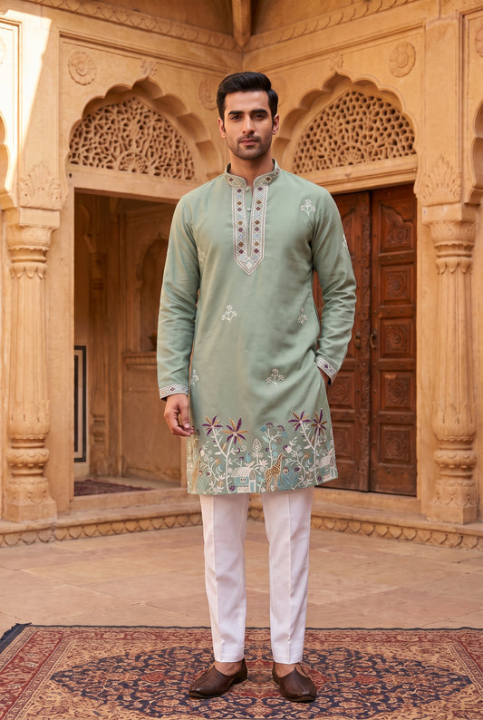 Green V-Neck Embroidered Men's Kurta Pajama Set | Pashchim Canada