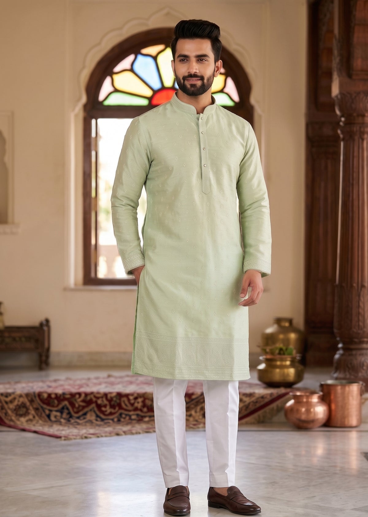 Designer Art Silk Embroidered Men's Kurta Pajama Set in Green | Mehendi Kurta Wedding Wear