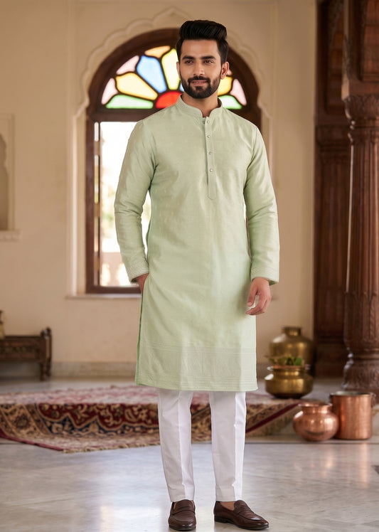 Designer Art Silk Embroidered Men's Kurta Pajama Set in Green | Mehendi Kurta Wedding Wear