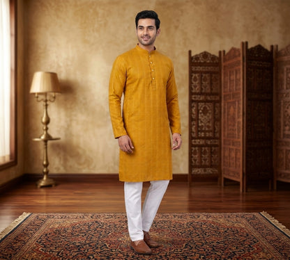 Mustard Yellow Jacquard Silk Men's Kurta Pajama Set Pashchim Canada