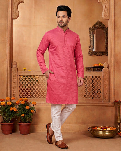 Bright Red Jacquard Silk Men's Kurta Pajama Set Pashchim Canada US for Wedding ceremonies, Diwali, Eid, and Indian weddings