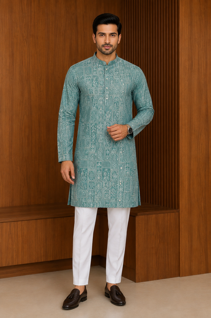 Designer Festive Kurta Pant Set for Men in Sage Green in Pashchim Canada