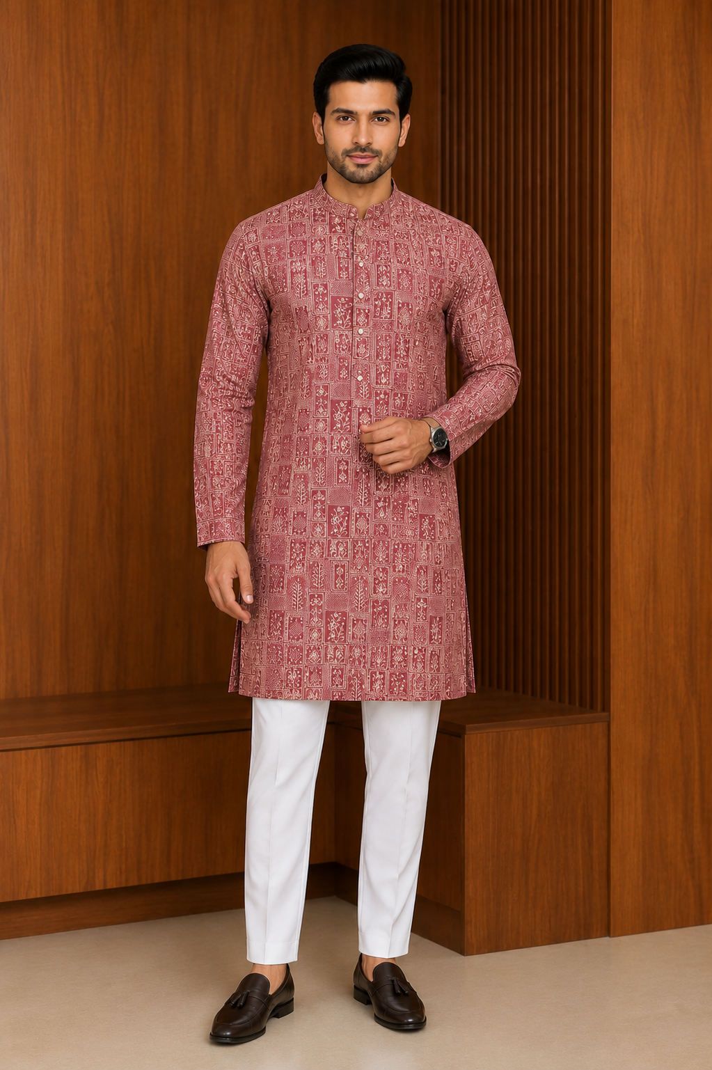 Men's Dusty Rose Ethnic Block Print Kurta with Trouser Pant