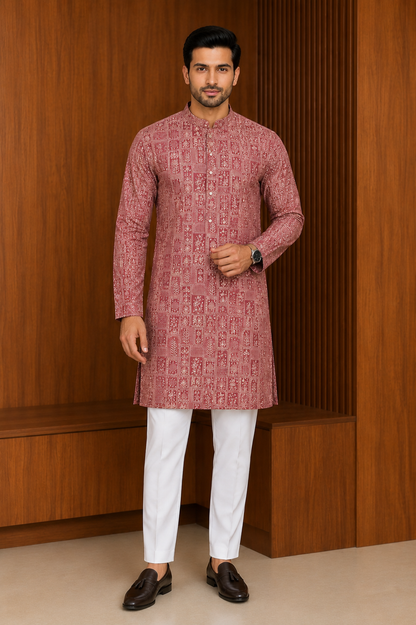Men's Dusty Rose Ethnic Block Print Kurta with Trouser Pant