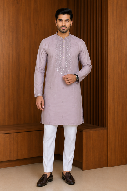 Pink color Men's Kurta Pajama Set with tonal embroidery across the front placket, collar, cuffs Pashchim Canada US for Eid Wedding Party