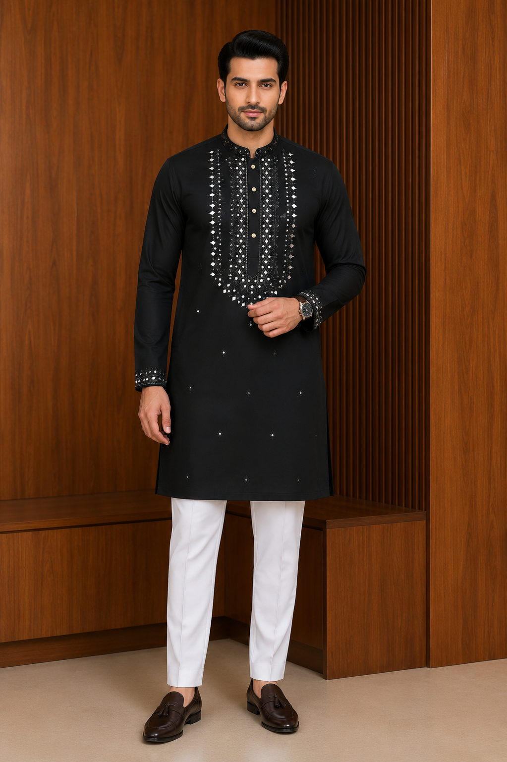 Black color Men's Kurta Pajama Set with tonal embroidery across the front placket, collar, cuffs Pashchim Canada US for Eid Wedding Party