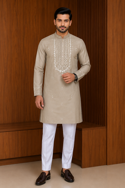 Beige color Men's Kurta Pajama Set with tonal embroidery across the front placket, collar, cuffs Pashchim Canada US for Eid Wedding Party