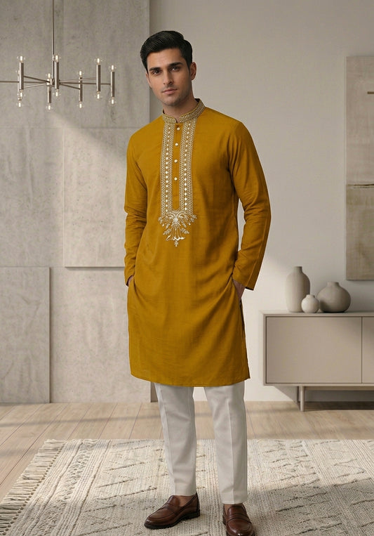 Yellow color Men's Kurta Pajama Set with embroidery across the front placket and collar Pashchim Canada US Haldi Collection