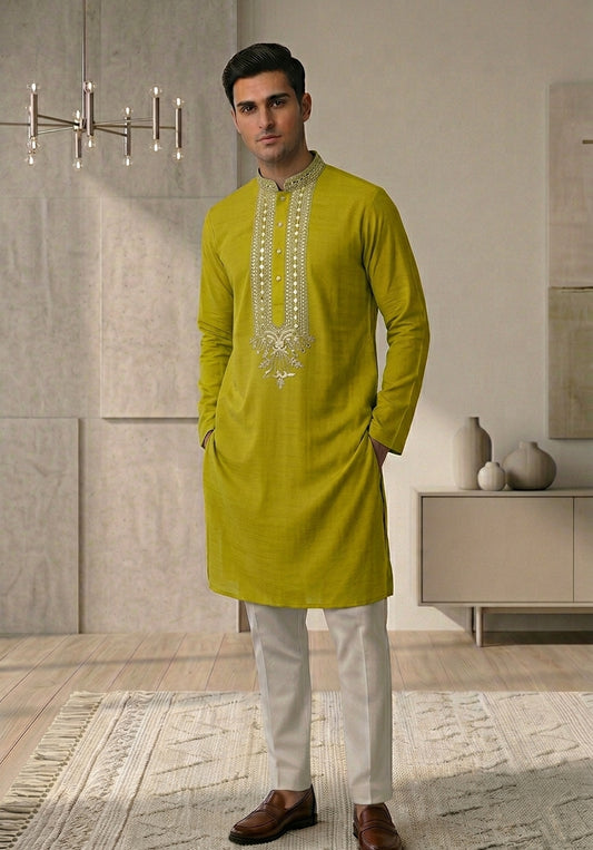 Green color Men's Kurta Pajama Set with embroidery across the front placket and collar Pashchim Canada US Mehndi Collection