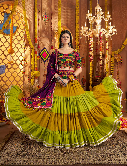 8-Meter Flair Navratri Chaniya Choli | Multicolor Thread & Mirror Work Garba Lehenga Canada