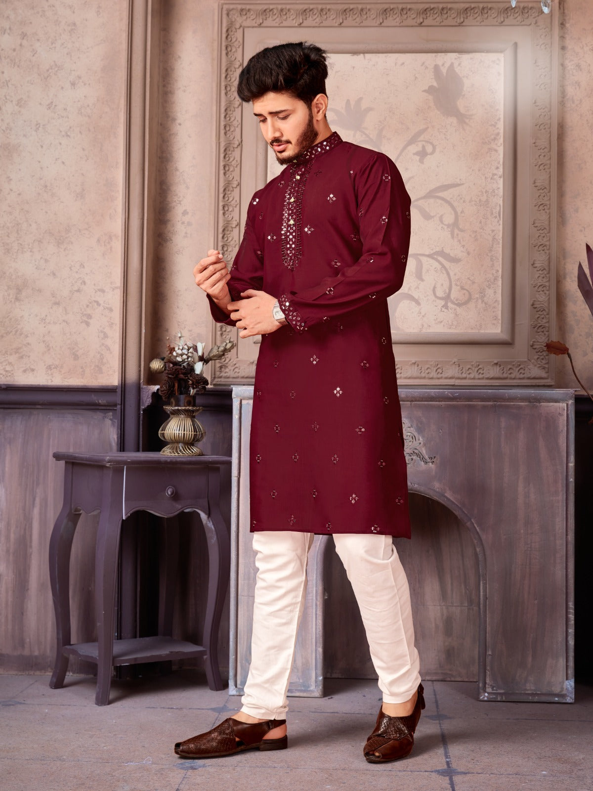 Versatile Kurta Pyjama Set in Maroon for Diwali Season