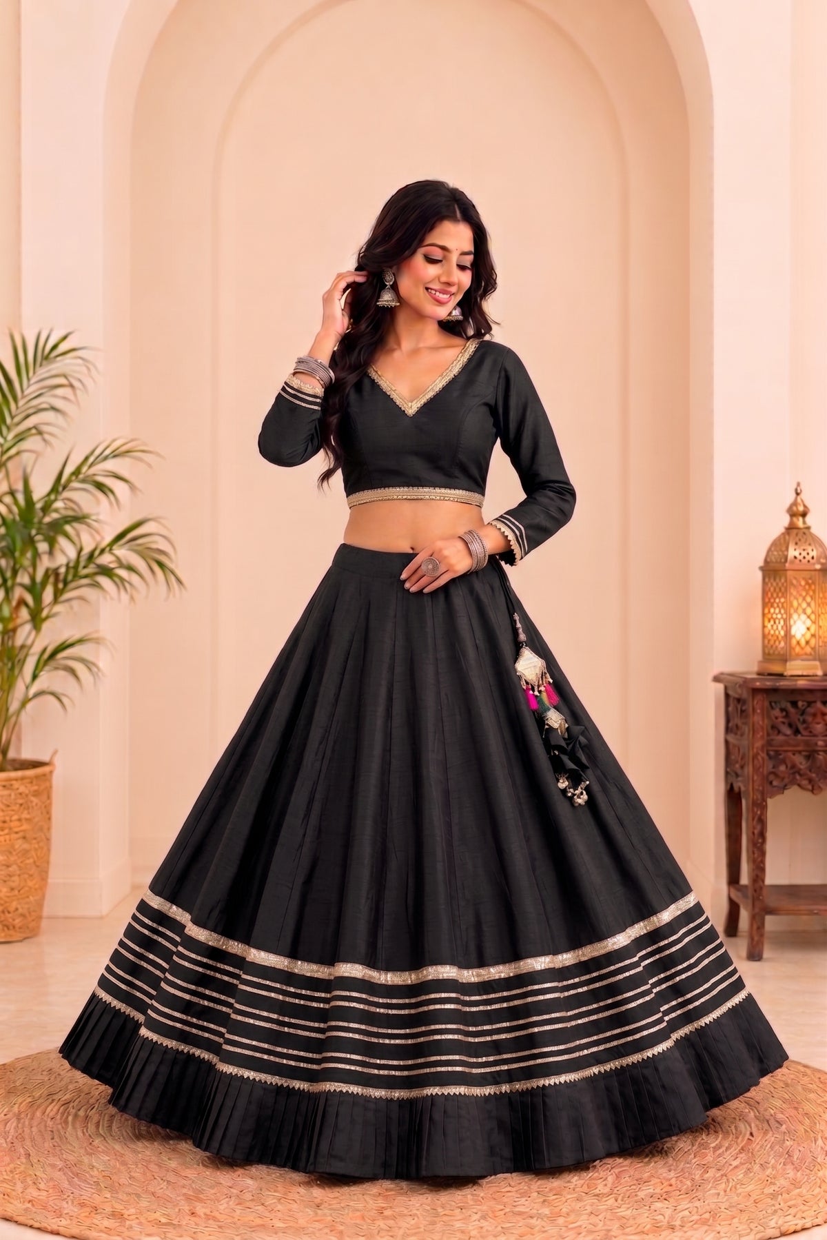 Pure Rayon Cotton Black Chaniya Choli Gotta Lace – 6-Meter Navratri Garba Lehenga | Toronto, Kitchener & Canada