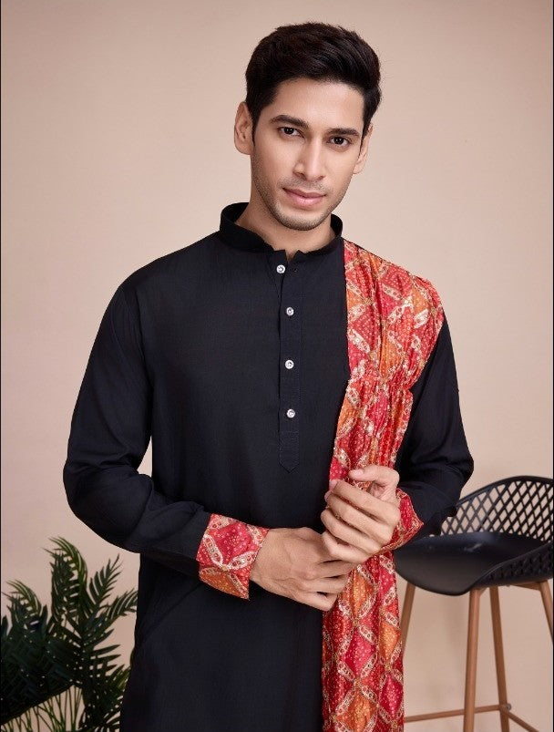 Navratri Special Men Kurta with Dupatta in Black