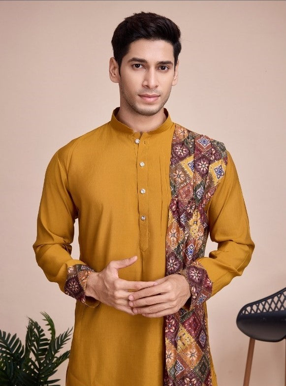 Navratri Special Men Kurta with Dupatta in Yellow