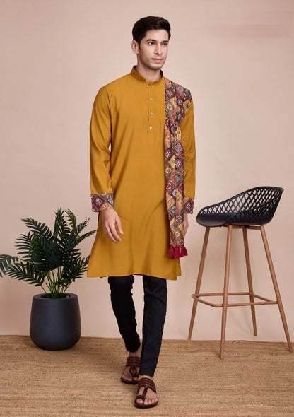 Navratri Special Men Kurta with Dupatta in Yellow