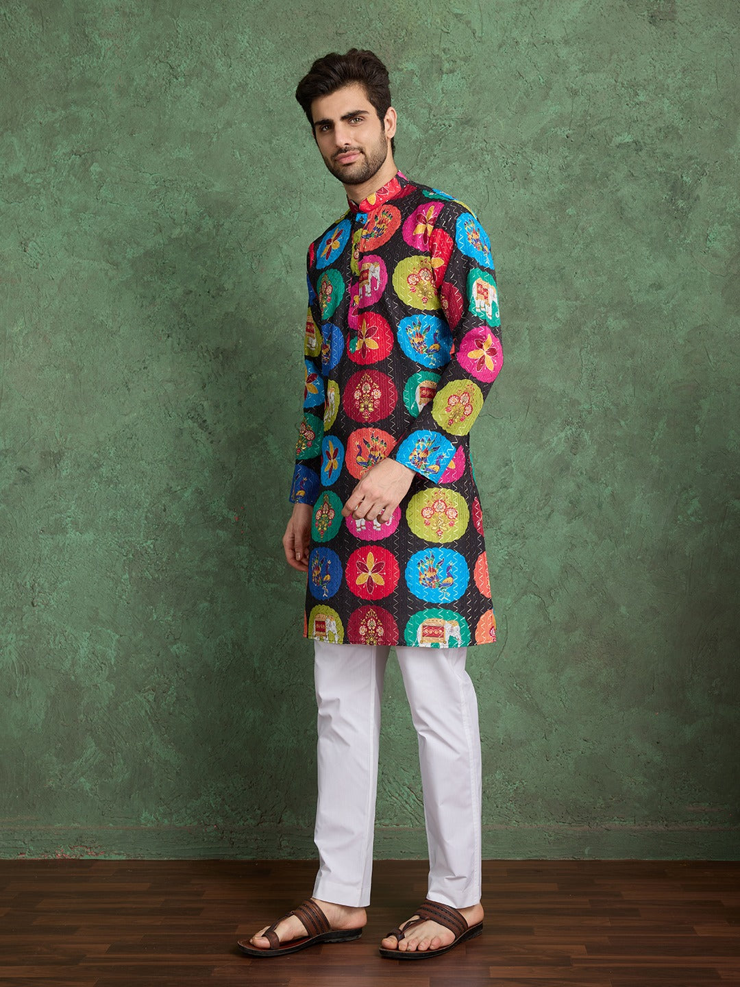 Multicolor Festival Kurta with White Pyjama for Men's | Printed Designer Kurta for Navratri, Baby Shower or Weddings Celebrations