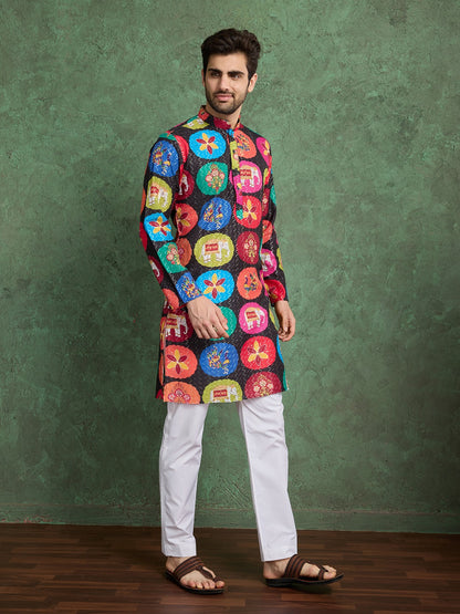 Multicolor Festival Kurta with White Pyjama for Men's | Printed Designer Kurta for Navratri, Baby Shower or Weddings Celebrations