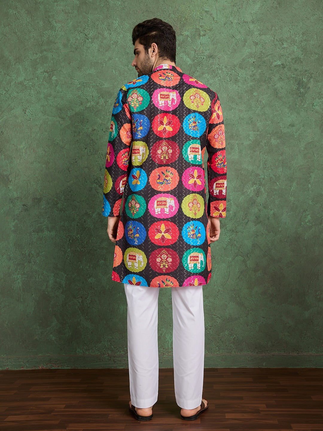 Multicolor Festival Kurta with White Pyjama for Men's | Printed Designer Kurta for Navratri, Baby Shower or Weddings Celebrations