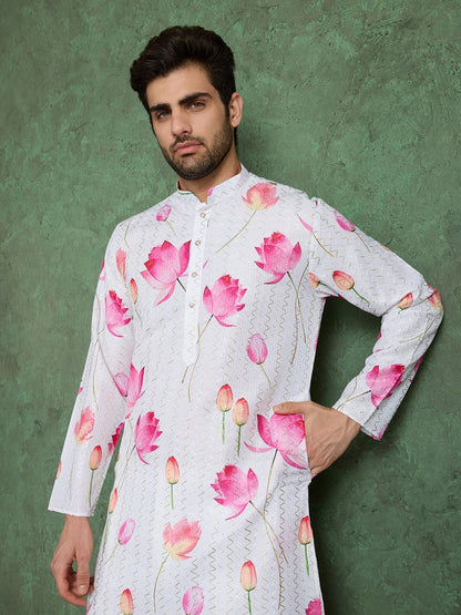 Flower Print Festive Kurta with White Pyjama Pants for Men's | Printed Designer Kurta for Navratri, Baby Shower or Weddings Celebrations