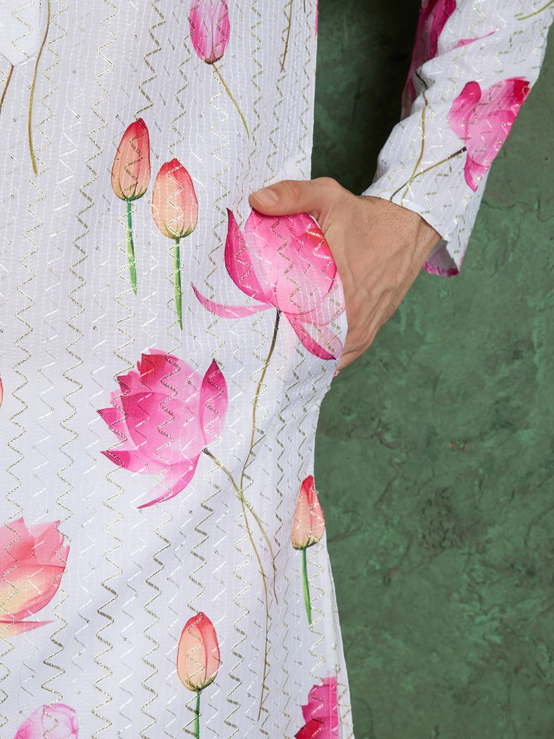 Flower Print Festive Kurta with White Pyjama Pants for Men's | Printed Designer Kurta for Navratri, Baby Shower or Weddings Celebrations