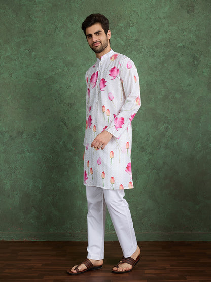 Flower Print Festive Kurta with White Pyjama Pants for Men's | Printed Designer Kurta for Navratri, Baby Shower or Weddings Celebrations