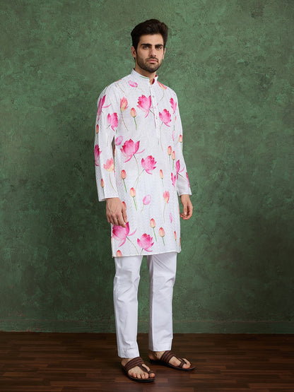 Flower Print Festive Kurta with White Pyjama Pants for Men's | Printed Designer Kurta for Navratri, Baby Shower or Weddings Celebrations