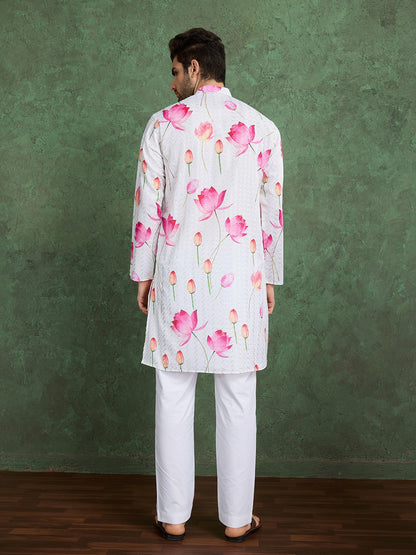 Flower Print Festive Kurta with White Pyjama Pants for Men's | Printed Designer Kurta for Navratri, Baby Shower or Weddings Celebrations