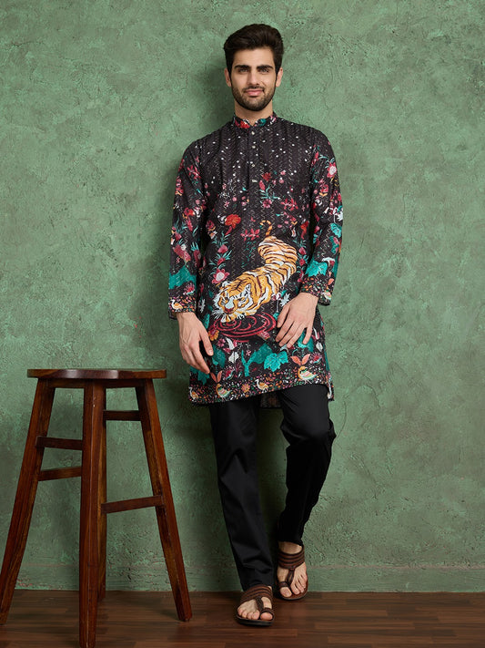 Tiger Hand‑Embroidered Designer Kurta – Black with Black Pyjama Pants for Men's | Suitable for Navratri, Baby Shower, Night Weddings Celebrations or Diwali