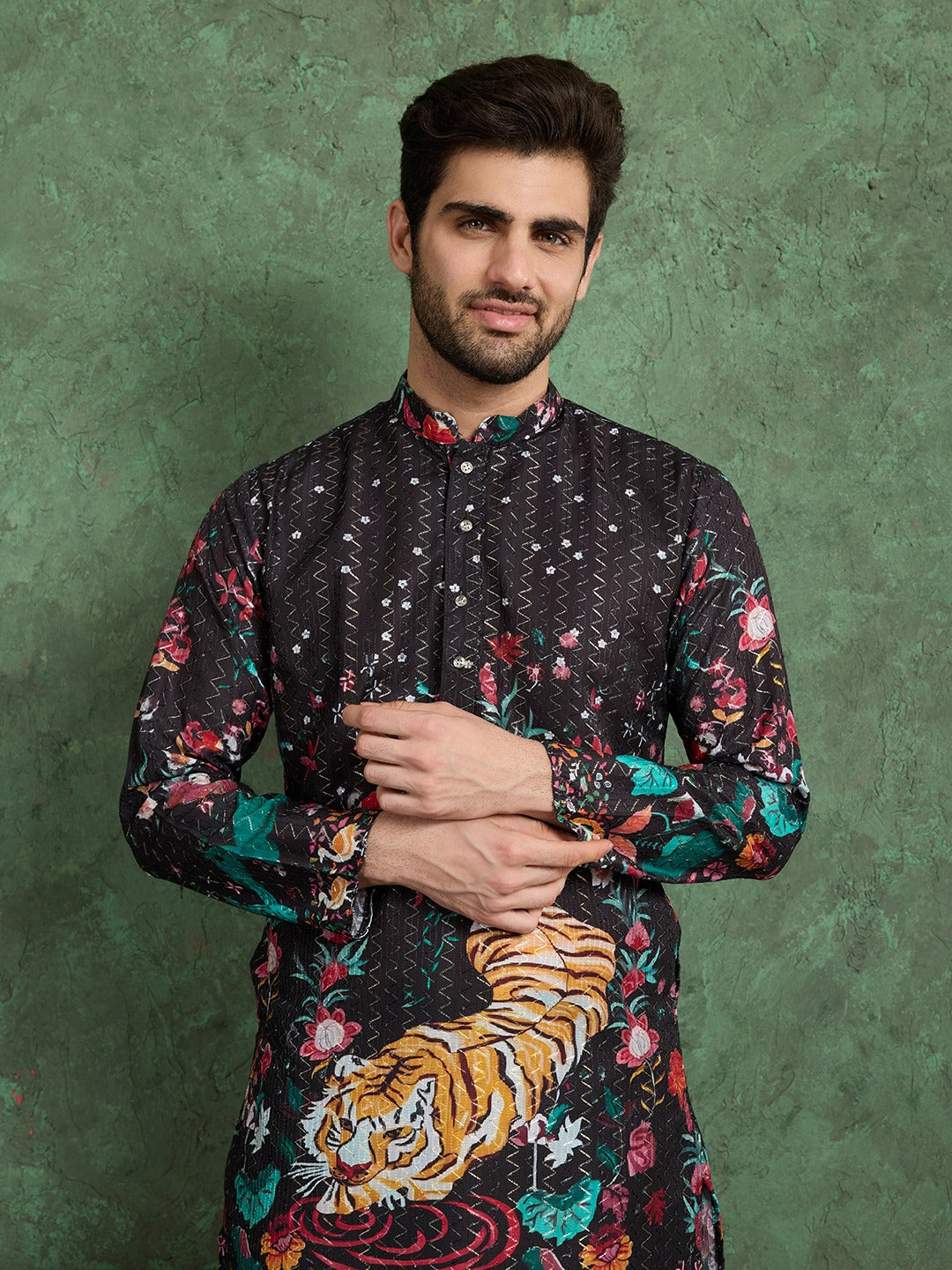 Tiger Hand‑Embroidered Designer Kurta – Black with Black Pyjama Pants for Men's | Suitable for Navratri, Baby Shower, Night Weddings Celebrations or Diwali