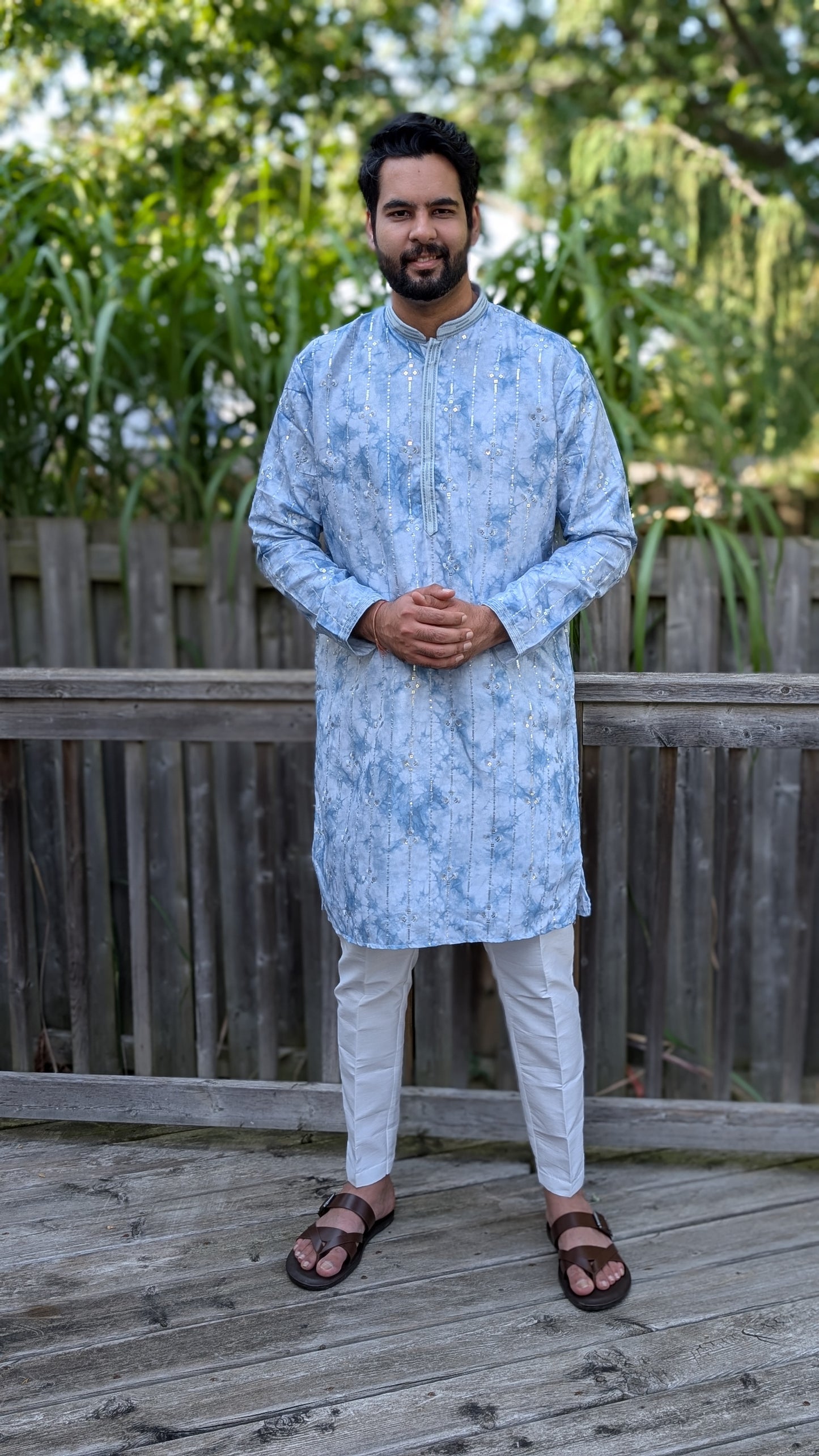 Sky Blue Printed Embroidery Work Kurta Pyjama Set | Diwali, Navratri Garba, Onam or Indian Wedding outfit | Pashchim London, Windsor, Vancouver, Surrey