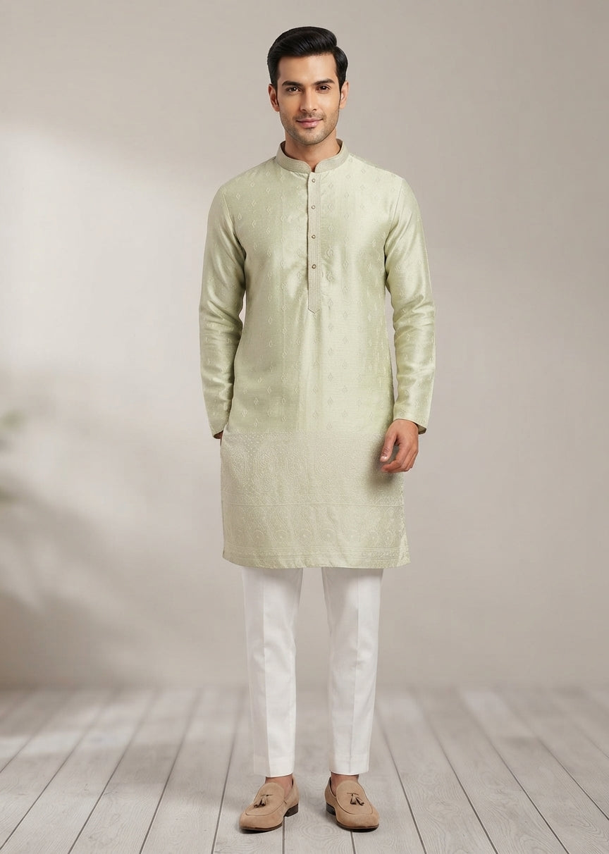 Designer Art Silk Embroidered Men's Kurta Pajama Set in Green | Mehendi Kurta Wedding Wear