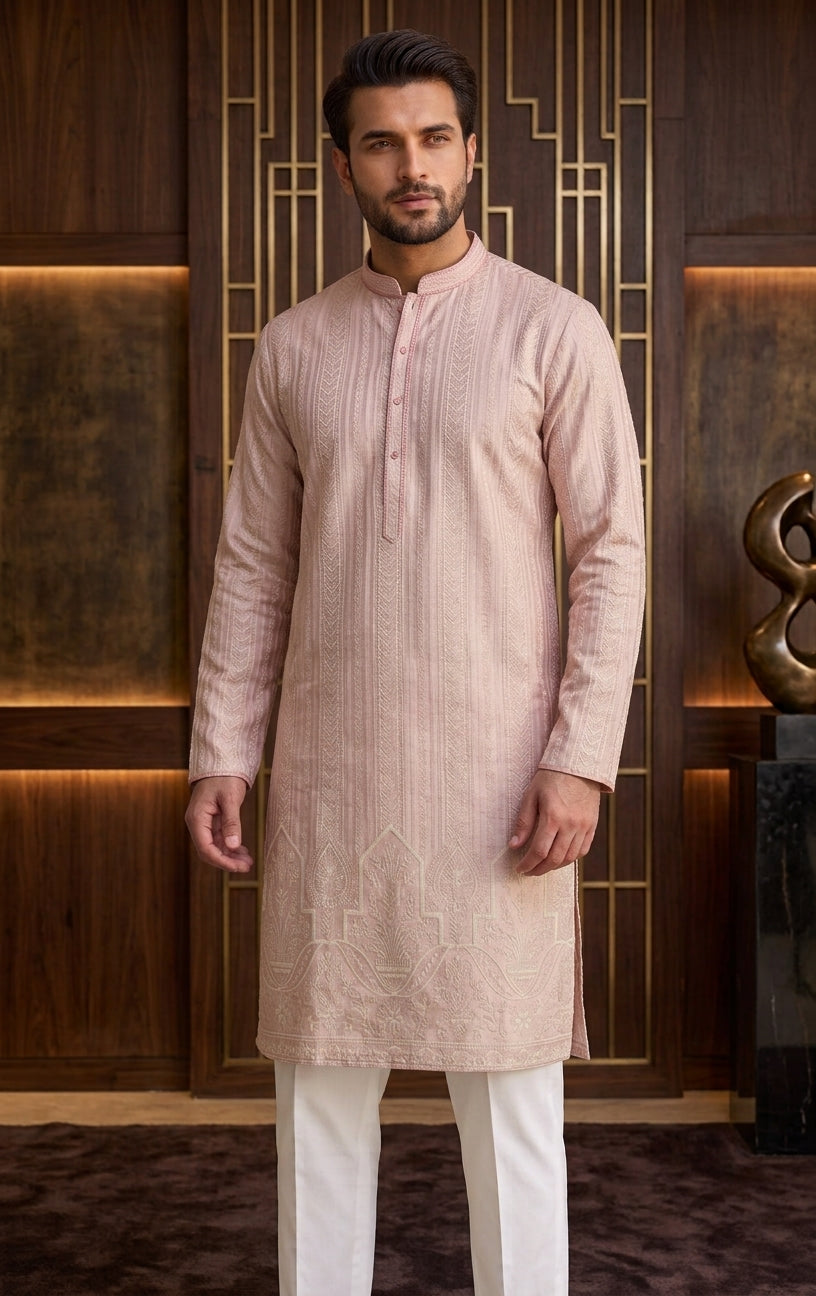 Designer Art Silk Embroidered Men's Kurta Pajama Set in Pink | Festive & Wedding Wear