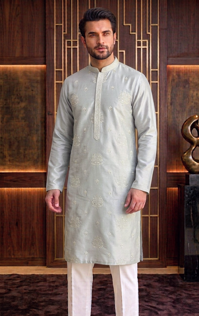 Designer Silk Men's Kurta Pajama Set in Pastel Green | Mehndi Kurta Wedding Wear