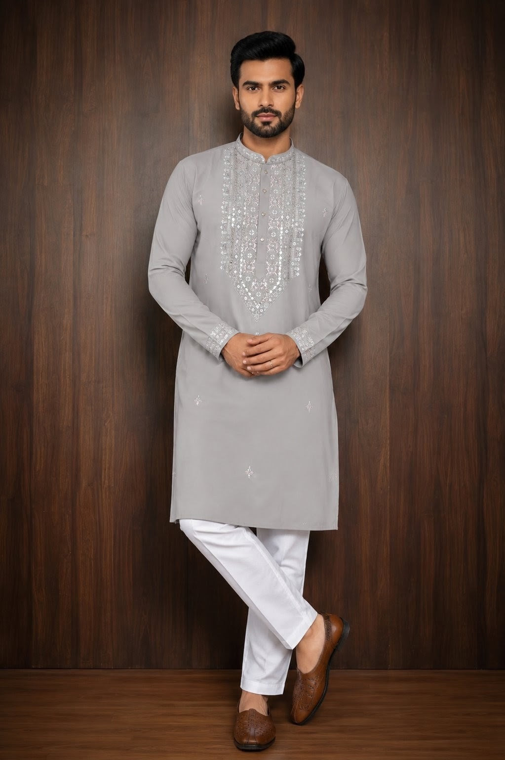 Pastel Gray Men's Kurta Pajama Set with tonal embroidery across the front placket, collar, cuffs Pashchim Canada US for Eid Diwali Wedding Sagan Haldi Mehndi