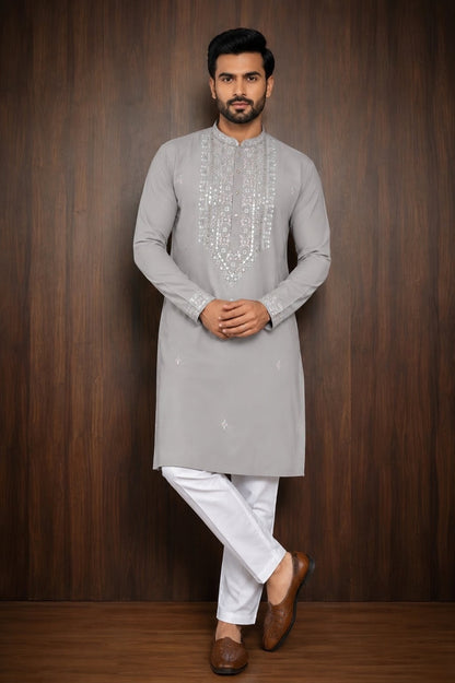 Pastel Gray Men's Kurta Pajama Set with tonal embroidery across the front placket, collar, cuffs Pashchim Canada US for Eid Diwali Wedding Sagan Haldi Mehndi