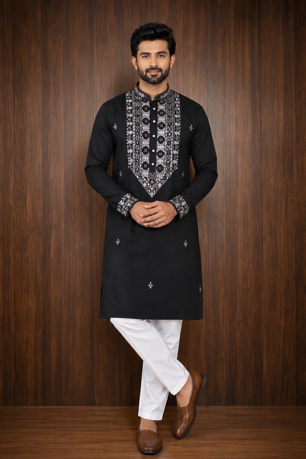 Black Men's Kurta Pajama Set with tonal embroidery across the front placket, collar, cuffs Pashchim Canada US for Eid Diwali Wedding Party Sagan Mehndi