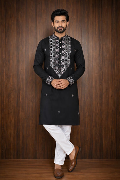 Black Men's Kurta Pajama Set with tonal embroidery across the front placket, collar, cuffs Pashchim Canada US for Eid Diwali Wedding Party Sagan Mehndi