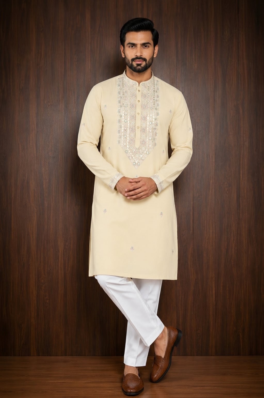 Yellow Haldi Collection Men's Kurta Pajama Set with tonal embroidery across the front placket, collar, cuffs Pashchim Canada US for Diwali Wedding Party Sagan Haldi