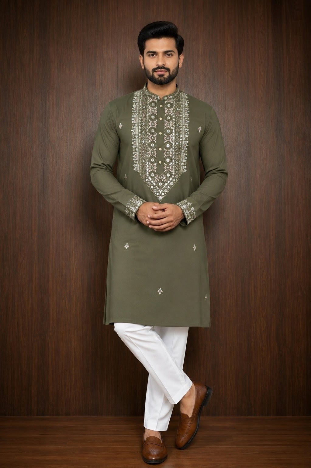 Green Mehndi color Men's Kurta Pajama Set with tonal embroidery across the front placket, collar, cuffs Pashchim Canada US for Eid Wedding Party Mehndi