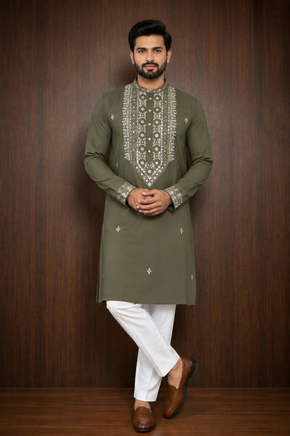 Green Mehndi color Men's Kurta Pajama Set with tonal embroidery across the front placket, collar, cuffs Pashchim Canada US for Eid Wedding Party Mehndi