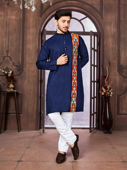 Navratri Special Men Kurta Set in Cotton Blue